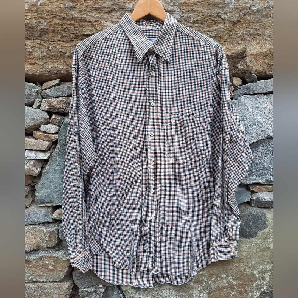 Valentino Vintage Men's Plaid Button Up Shirt - Green and Orange Checkered